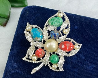 Mid Century Costume Jewelry Leaf Brooch - Silver Tone Faux Pearl Sarah Coventry