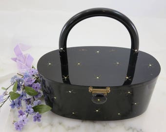 Black Lucite Box Purse - Rhinestone Accented Stars Clear Footed Rialto New York