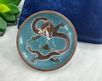 Vintage Cloisonne Dish - Trinket Bowl Dragon Chinese Blue Enamel Ashtray