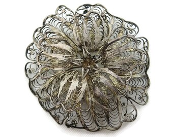 Vintage Silver Filigree Flower Brooch - Vintage Mexico