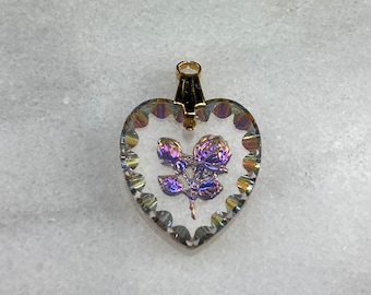 Glass Rose Heart Pendant - Reverse Intaglio, Iridescent Blue Purple Finish ONE PIECE