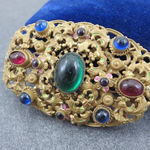 Czech Glass Brooch Art Nouveau, Glass Gems Brass Filigree Costume ...