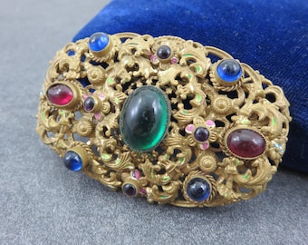 Czech Glass Brooch - Art Nouveau, Glass Gems Brass Filigree Costume Jewelry