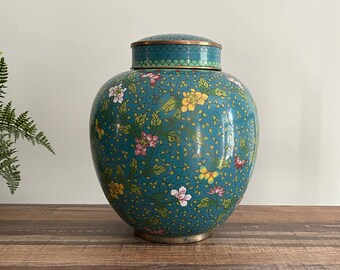 Chinese Cloisonne Ginger Jar - Blue Enamel, Flowers, Ruyie Border Covered Urn