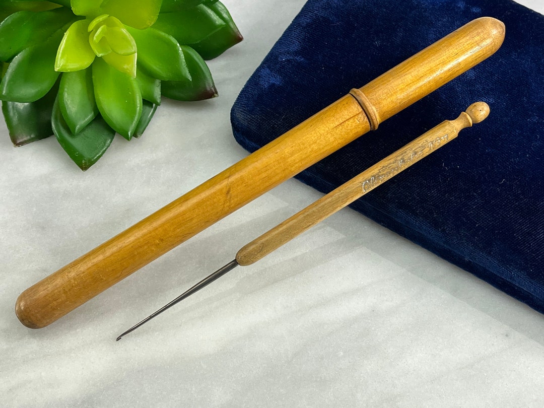 Antique Crochet Hook Wooden Case Carved Treen Needlework Container