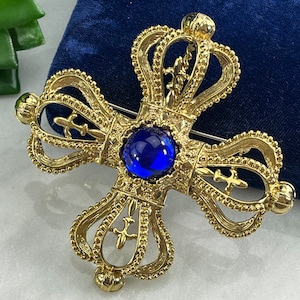 Maltese Cross Brooch or Pendant - Blue Cabochon in Gold Tone, Park Lane Costume Jewelry
