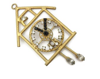 Vintage Clock Necklace Pendant - Rhinestones Movable Hands Swinging Pendulum Costume Jewelry