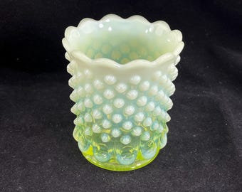 Vintage Vaseline Opalescent Hobnail with Thumbprint Glass Vase - Northwood