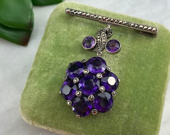 Sterling Silver Amethyst Dangle Brooch - Marcasites February Birthstone Jewelry