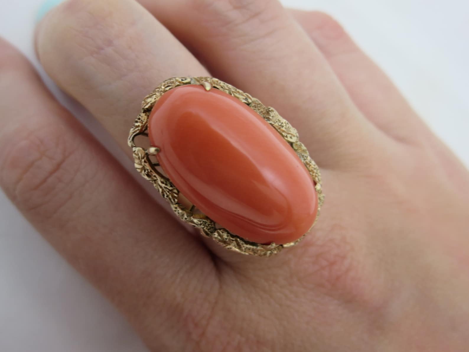 18k Coral Ring Large Coral Ring Gold Coral Solitaire Ring Etsy Australia