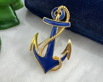 Nautical Anchor Brooch with Blue Enamel on Gold Tone by Trifari Costume Jewelry