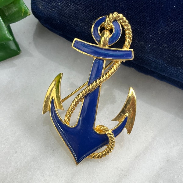 Nautical Anchor Brooch with Blue Enamel on Gold Tone by Trifari Costume Jewelry