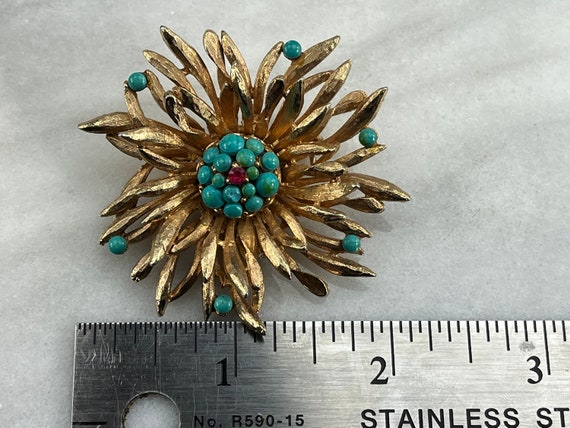 Costume Jewelry Faux Turquoise Brooch - Gold Flow… - image 7