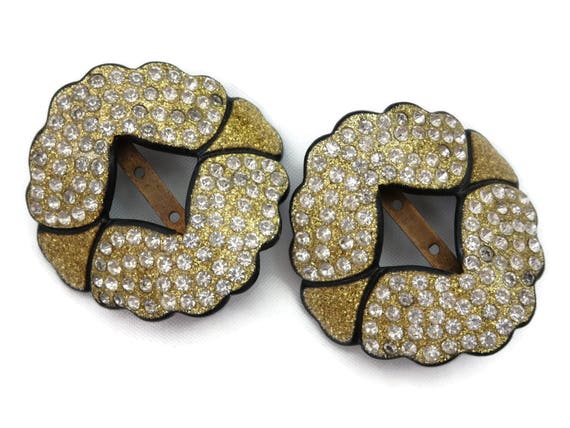 Art Deco Rhinestone Buckle Pair - Gold Glitter Fr… - image 3