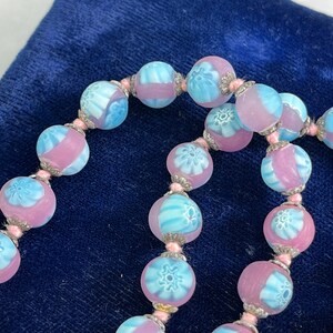 Millefiori Necklace Frosted Venetian Art Glass Beads, Pink and Blue Beaded Necklaces for Women, Estate Jewelry image 2