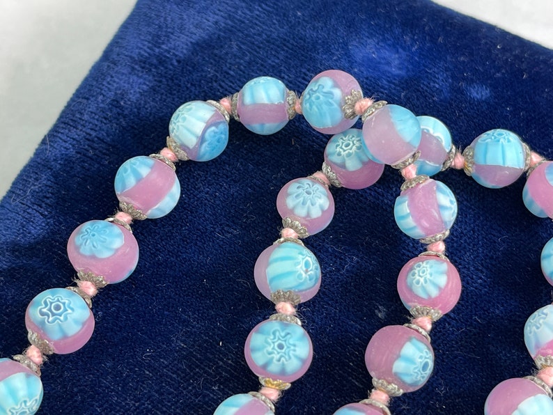 Millefiori Necklace Frosted Venetian Art Glass Beads, Pink and Blue Beaded Necklaces for Women, Estate Jewelry image 2