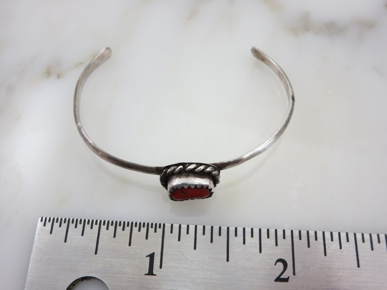 Petite Sterling Silver Cuff Navajo Coral Bracelet Artist Signed Native American Jewelry Adjustable Child Size