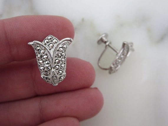 Sterling Silver Marcasite Tulip Earrings - Flower… - image 4