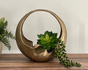 Mid Century Brass Swan Vase - Circle, for Japanese Ikebana, Vintage Home Decor