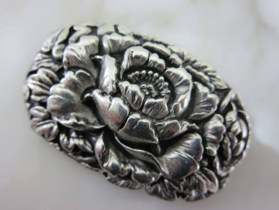 Silver Flower Brooch - Sterling Silver Over Pewte… - image 8
