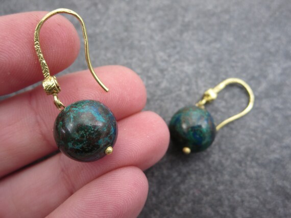 18k Chrysocolla Earrings - Vintage Diamond Accent… - image 3