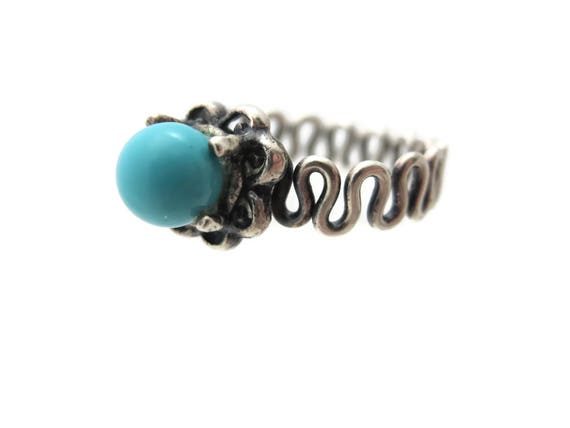 Sterling Silver Turquoise Ring - Wavy Band Turquo… - image 1