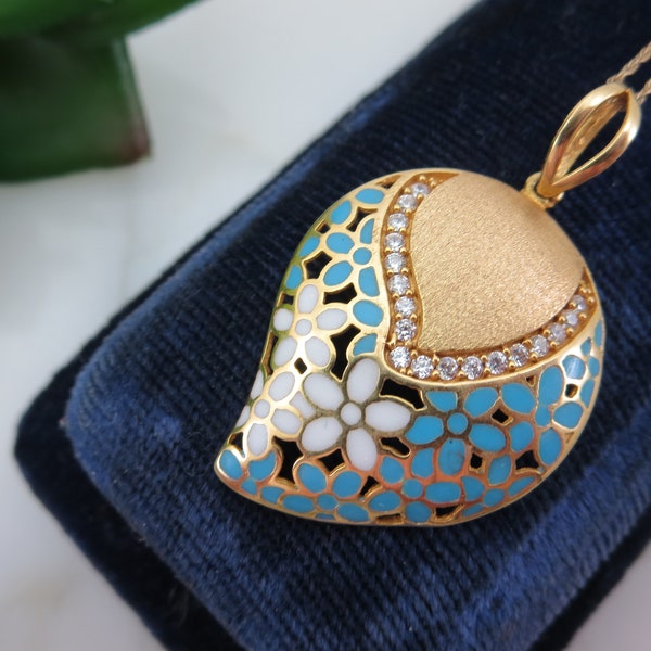 18k Paisley Pendant Necklace - Blue and White Plique a Jour Necklaces for Women, Clear CZ Stones, 14k Gold Chain