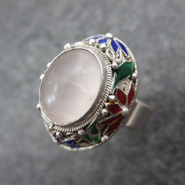 Chinese Filigree Ring - Enamel on Silver, Rose Quartz Statement Rings for Women, Adjustable, Export