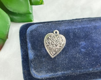Sterling Silver Puffy Heart Charm or Necklace Pendant - Sweetheart Scrollwork