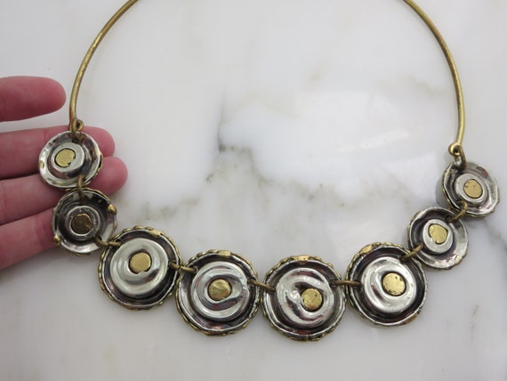 Silver and Brass Collar Necklace - Adjustable, 19… - image 6