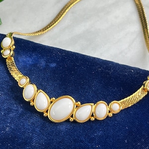White Lucite Cabochon Collar Necklace - Gold Tone Trifari Costume Jewelry