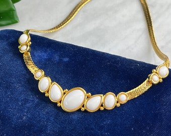 White Lucite Cabochon Collar Necklace - Gold Tone Trifari Costume Jewelry