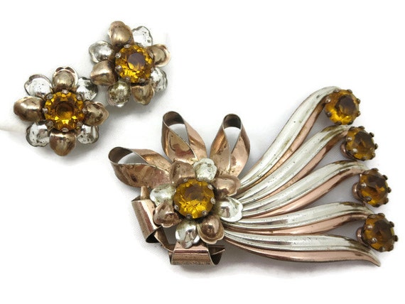 Sterling Brooch and Earring Set - Topaz Rhineston… - image 5