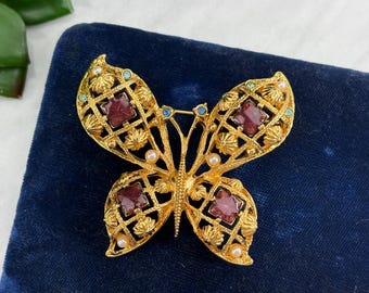 Gold Butterfly Brooch - Rhinestones, Enamel and Faux Pearls, Vintage Costume Jewelry