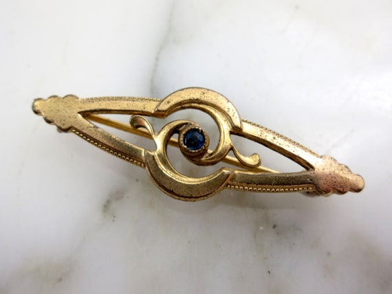 Art Nouveau Brooch - Gold Tone, Sapphire Blue Paste Stone, Antique
