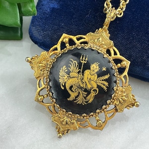 Aquarius Zodiac Pendant - Black and Gold Tone, Star Sign Astrology Gift 1960s 1970s