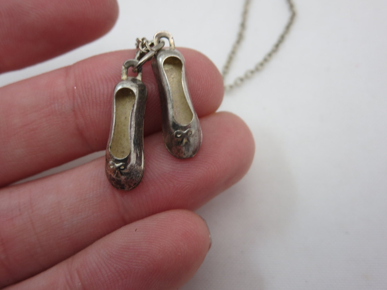 silver ballet slippers necklace pendant - costume jewelry, ballerina charm