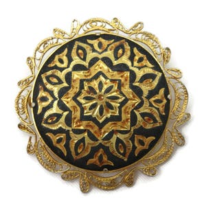 Vintage Damascene Jewelry - Brooch, Filigree Frame, Gold Pattern