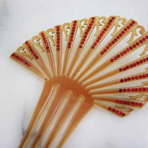 Vintage Art Nouveau Celluloid Comb - Red Rhinestones Translucent Large Hair Accessory Mantilla