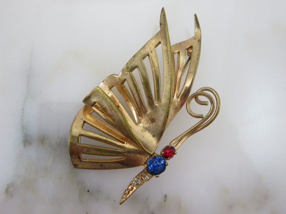 Rhinestone Brooch - Gold Tone Butterfly Brooch, R… - image 4