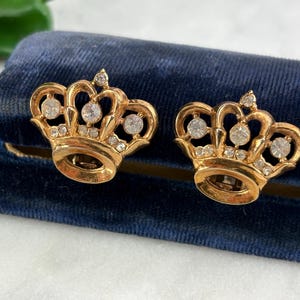 1950s Rhinestone Crown Clip Earrings - Vintage Costume Jewelry Gold Tone
