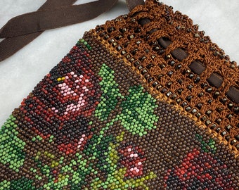 Vintage Beaded Purse - Glass Seed Beads, Rose Pattern, Tassel Drawstring Bag