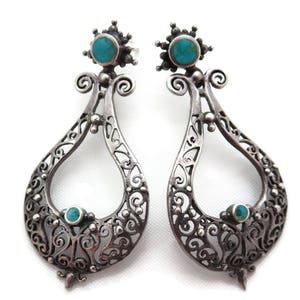 Sterling Silver Turquoise Earrings – Vintage Filigree Pierced Chandeliers