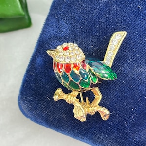 Vintage Rhinestone and Enamel Bird Brooch - Gold Tone Costume Jewelry
