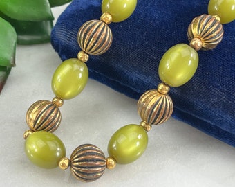 Olive Green Moonglow Lucite Bead Necklace - Vintage Costume Jewelry