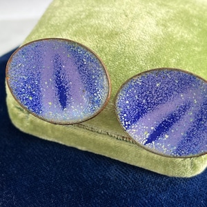 Mid Century Modern Enamel Earrings - Blue Enamel on Copper Costume Jewelry Screw Back Earrings for Women