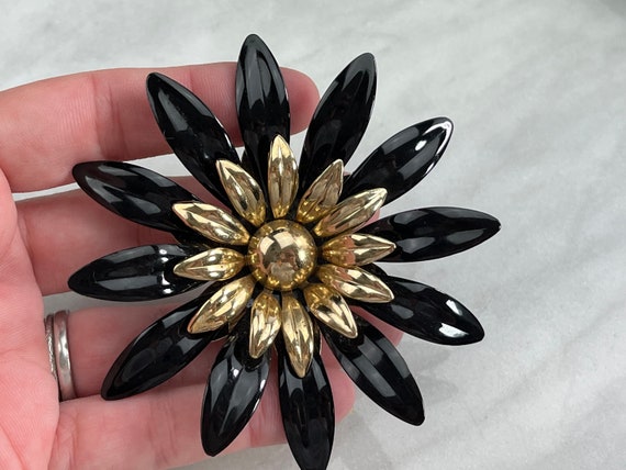 Black Enamel Flower Brooch - Vintage Sarah Covent… - image 4