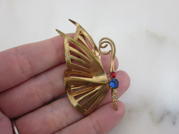 Rhinestone Brooch - Gold Tone Butterfly Brooch, R… - image 2