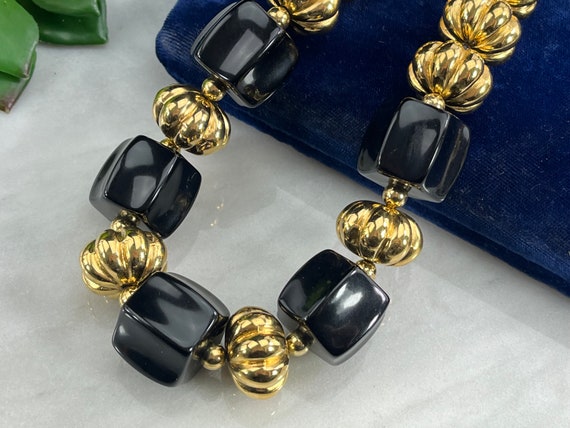 Black and Gold Beaded Necklace - Vintage Napier C… - image 8