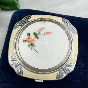 Vintage Evans Compact - Art Deco Pink Roses on White Guilloche Enamel Powder and Rouge Compact